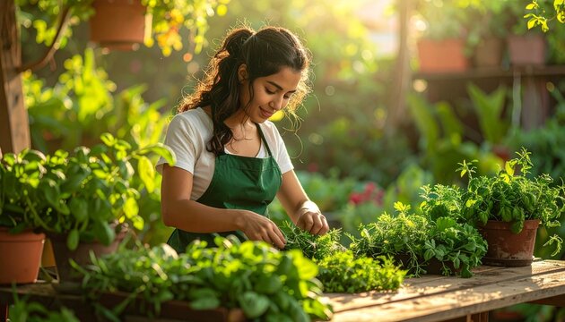 A cheerful young woman wearing a green apron tenderly caring for fresh organic herbs in a lush sunlit backyard garden hobby greenhouse.