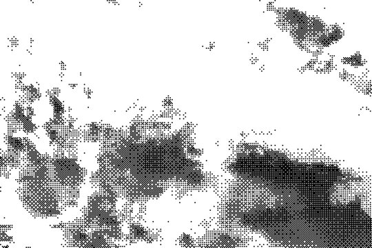 Monochrome halftone texture resembling clouds with dot patterns, ideal for retro graphics, print design, or digital art backgrounds. Grunge halftone overlay with cloud pattern.