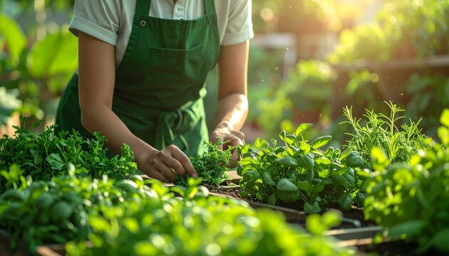 A person wearing a green apron tenderly caring for organic herbs in a lush sunlit garden nursery for a sustainable lifestyle photography concept.