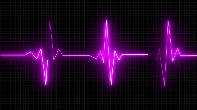 ECG heartbeat line glowing on a deep black background, with sharp pulse peaks and smooth flat segments, symbolizing heart activity, life monitoring 4k video