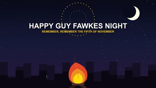 Animated Bonfire Igniting and Sparkling in Dark Night Sky with City Skyline