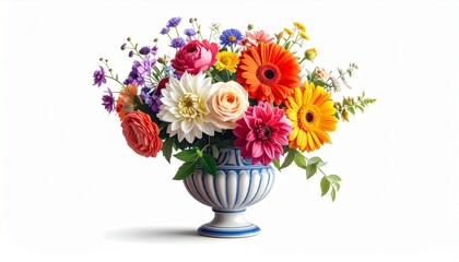 Fototapeta premium A stunning bouquet of colorful vibrant flowers arranged in an elegant blue and white ceramic vase isolated on a clean white background.