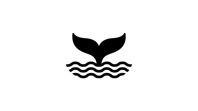 Black whale tail icon with ocean waves