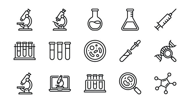 Collection Of Laboratory Equipment Line Icons On A White Background For Scientific Research lab science microscope flask