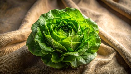 Obraz premium Fresh green organic lettuce head resting on a rustic textured brown burlap fabric surface for a natural farm to table lifestyle concept.