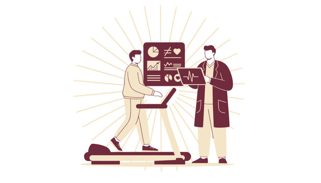 Doctor checking cardiovascular test results on a screen for a patient walking on a treadmill in a modern health clinic setting.