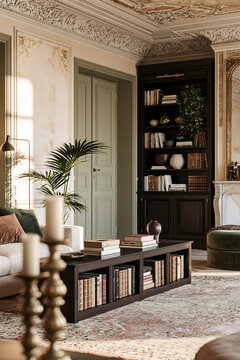 Close-up with brass candlestick in foreground and vintage furniture in classic living room. Soft light emphasizes depth and layered composition