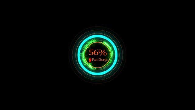 Fast battery charging animation with power icon isolated on a black background. glowing 4k motion video.