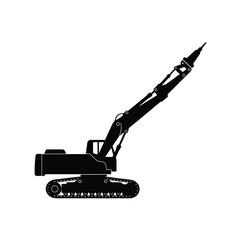 Drill rig machinery with extended boom and tracked chassis a black silhouette drilling equipment construction excavation crawler vehicle © Tushar02