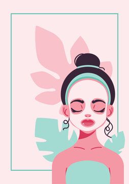 Flyer with woman is caring for her skin with a beauty facial mask and spa headband. Tropical leaves in the background. Perfect for beauty, skincare marketing, or wellness design projects.