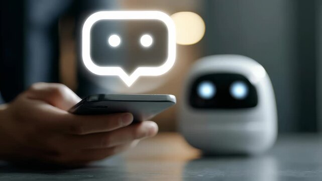 A person interacts with a smartphone while a futuristic robot with glowing eyes observes, symbolizing modern AI communication. Digital chat icon hovers above the phone, emphasizing technology trends