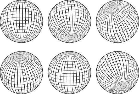Clean minimalist black and white wireframe sphere with latitude and longitude grid lines on isolated white background, ideal for science, mathematics, technology and geographic design concepts.