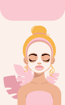 Flyer with woman is caring for her skin with a beauty facial mask and spa headband. Tropical leaves in the background. Perfect for beauty, skincare marketing, or wellness design projects.