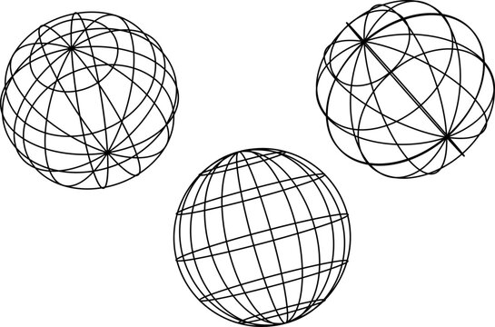 Clean minimalist black and white wireframe sphere with latitude and longitude grid lines on isolated white background, ideal for science, mathematics, technology and geographic design concepts.