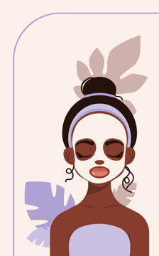Flyer with woman is caring for her skin with a beauty facial mask and spa headband. Tropical leaves in the background. Perfect for beauty, skincare marketing, or wellness design projects.