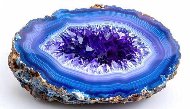Sliced amethyst geode reveals sparkling purple crystals within concentric blue agate bands