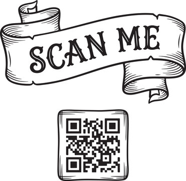 Vintage banner scroll scan me text above qr code square.