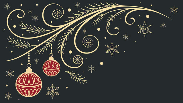 Elegant Christmas background with gold flourishes and red ornaments