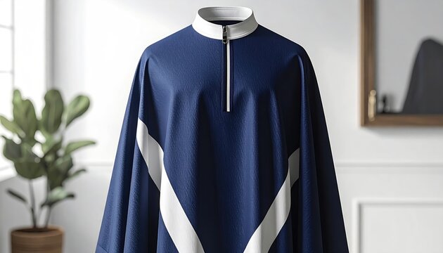 A blue liturgical vestment with white accents and a zippered collar