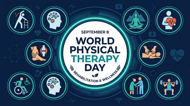 World Physical Therapy Day Banner with Rehabilitation Icons