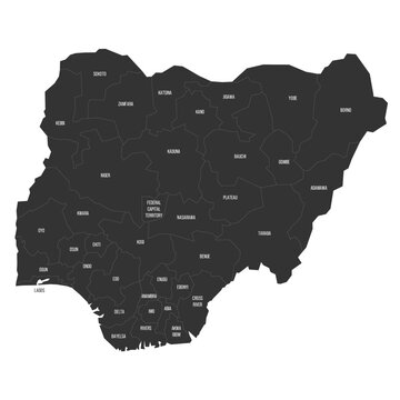 Nigeria political map of administrative divisions - states and federal capital territory. Flat dark grey map on white background with province name labels