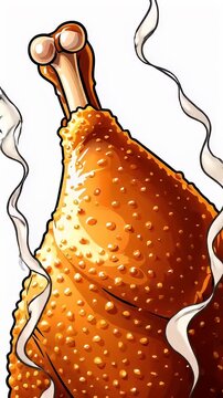Roasted turkey leg with steam on white background.