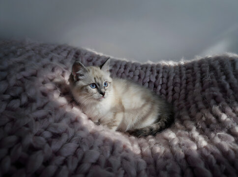 Fluffy domestic cat resting cozily in a knitted sweater or blanket