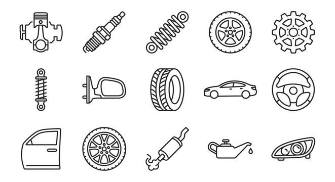Automotive Parts Line Icons Featuring Engine Components Tires And Vehicle Body Elements car piston shock absorber coil
