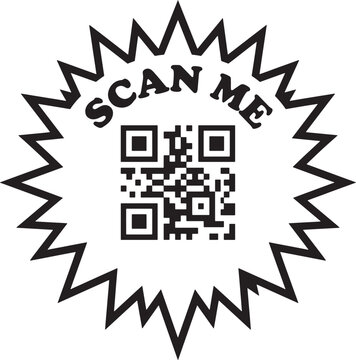 QR code scan me sharp burst sticker design with dark contrast.