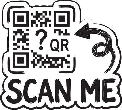 Hand drawn qr code scan me with question mark and arrow pointer.