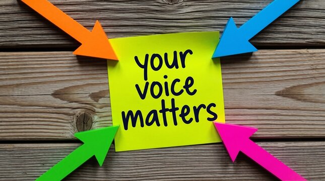 A vibrant image featuring a yellow sticky note with 'your voice matters' text, surrounded by four colorful arrows pointing inwards on a rustic wooden surface.