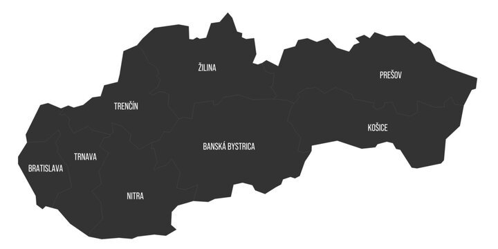 Slovakia political map of administrative divisions - regions. Flat dark grey map on white background with province name labels