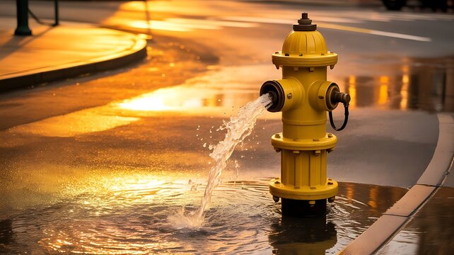 Bright yellow fire hydrant spraying water onto a wet asphalt street during a golden hour sunset with reflections on the damp road surface outdoors