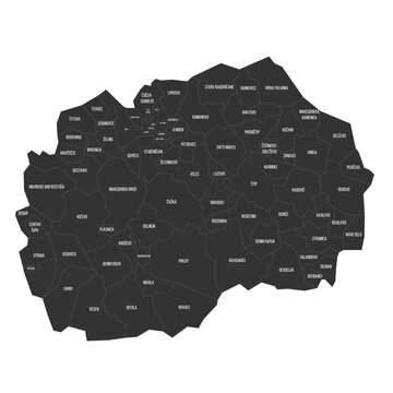 North Macedonia political map of administrative divisions - municipalities. Flat dark grey map on white background with province name labels