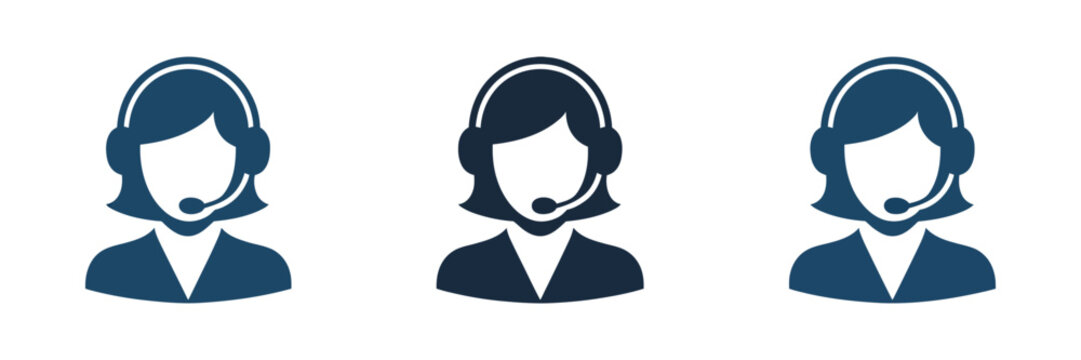 Customer service representative icon set, headset support symbols, call center assistance, online help, technical support, communication, vector illustration.