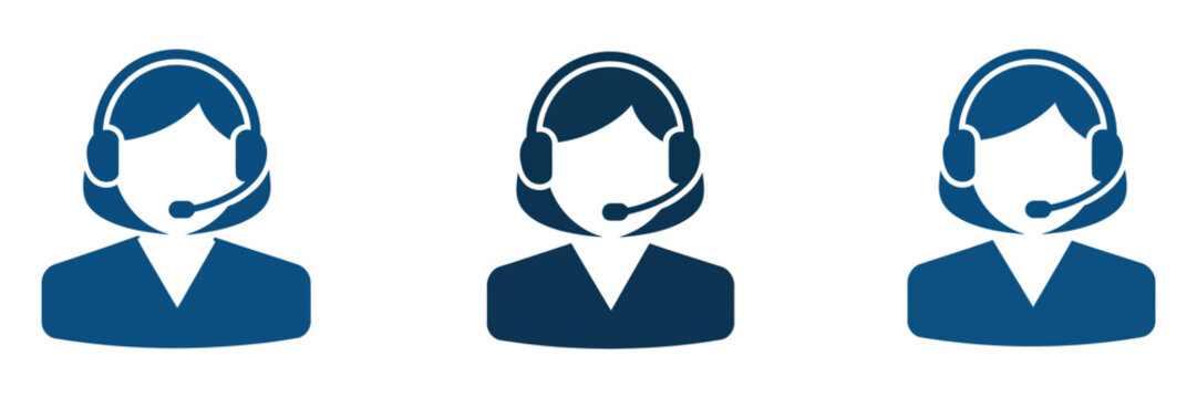 Customer service representative icon set, headset support symbols, call center assistance, online help, technical support, communication, vector illustration.