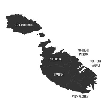 Malta political map of administrative divisions - regions. Flat dark grey map on white background with province name labels