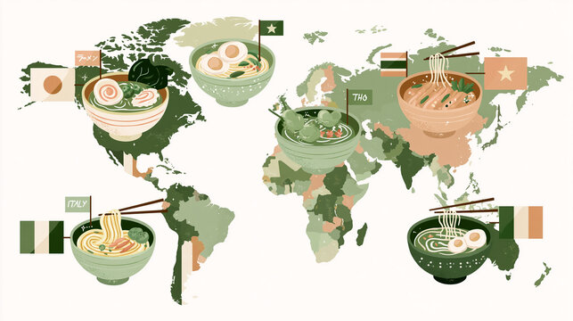 Bright National Noodle Day illustration with noodle dishes from around the world on a world map. Ramen, pasta, pad thai, pho, and lo mein celebrate global cuisine