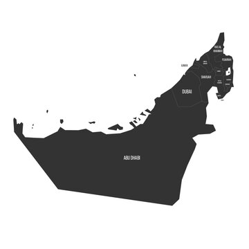 United Arab Emirates political map of administrative divisions - emirates. Flat dark grey map on white background with province name labels
