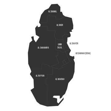 Qatar political map of administrative divisions - municipalities. Flat dark grey map on white background with province name labels