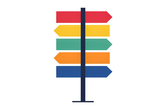 Colorful blank directional signpost with five stacked pointing arrows signpost direction navigation wayfinding colorful decision planning conceptual template information business multiple
