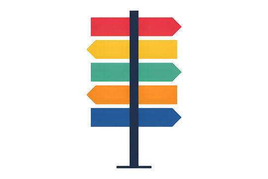 Colorful blank directional signpost with five stacked pointing arrows signpost direction navigation wayfinding colorful decision planning conceptual template information business multiple