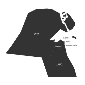Kuwait political map of administrative divisions - governorates. Flat dark grey map on white background with province name labels