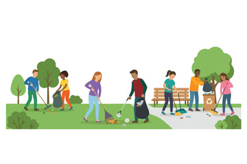 Fototapeta premium Diverse volunteers cleaning public park, raking leaves and picking up trash vector illustration