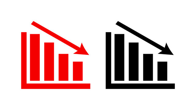 Graph with bars decreasing  arrow pointing down  decline  finance  crisis  recession  stock market.