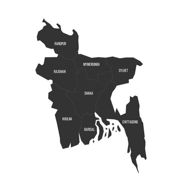 Bangladesh political map of administrative divisions - divisions. Flat dark grey map on white background with province name labels