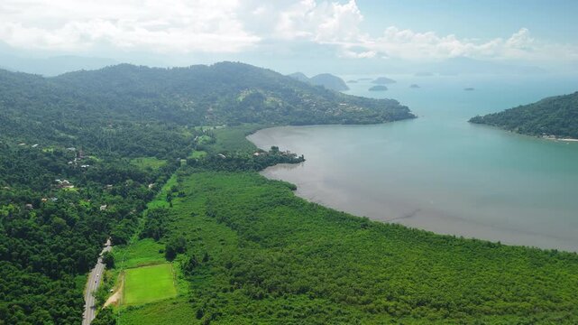 Aerial view of the sea coastline near the town of Paraty in Brazil