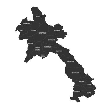 Laos political map of administrative divisions - provinces and prefecture of Vientiane. Flat dark grey map on white background with province name labels