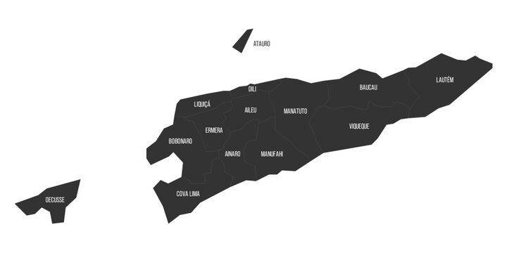 East Timor political map of administrative divisions - municipalities and Special Administrative Region Oecusse-Ambeno. Flat dark grey map on white background with province name labels