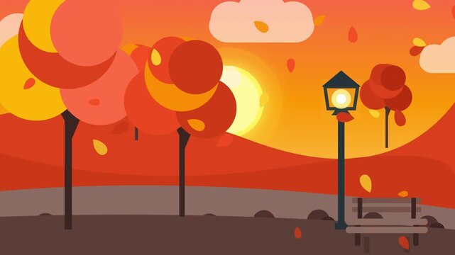 Autumn Park Scene with Colorful Leaves Falling and Streetlight Glowing